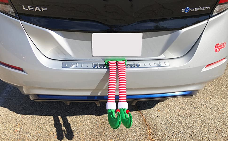 Staff Favourites: Holiday Vehicle Decorations - Valley Driving School Elf Legs Hanging Out Of Trunk